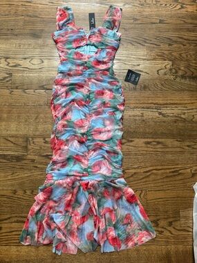 Lulus Ruched Mesh Floral Midi Dress Mermaid Hem Cutout Size S NWT